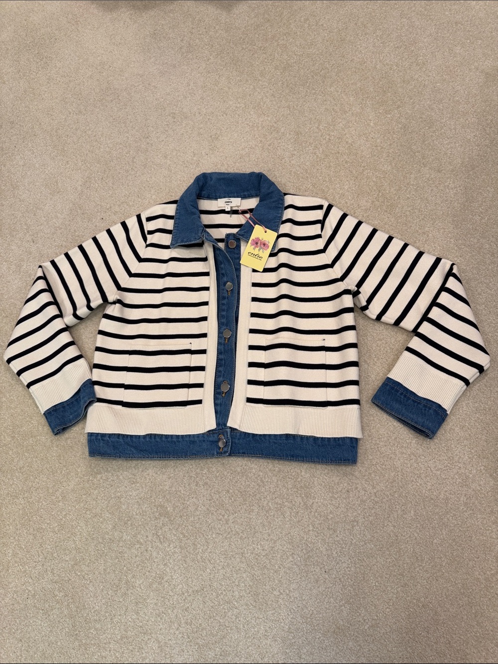 Striped Cream & Black Knit Jacket with Denim Trim - Entro
